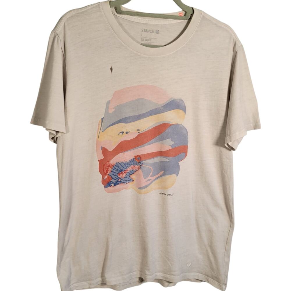 Stance x Jenny Sharaf Graphic Cotton T-Shirt Men's M Abstract Art Beige Tee Flaw